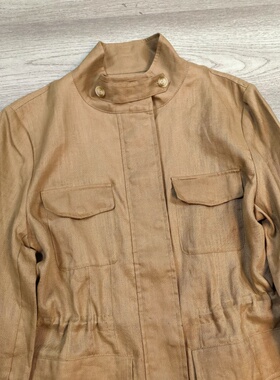 春季新款轻奢LP亚麻工装风立领外套女收腰多口袋舒适显瘦长袖夹克