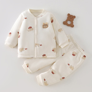婴儿夹棉套装 80克薄棉春秋宝宝分体衣保暖外套新生儿衣服无骨秋冬