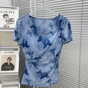 锻染水墨印花普拉提上衣短袖 夏季 清凉网纱带胸垫瑜伽服女紧身修身