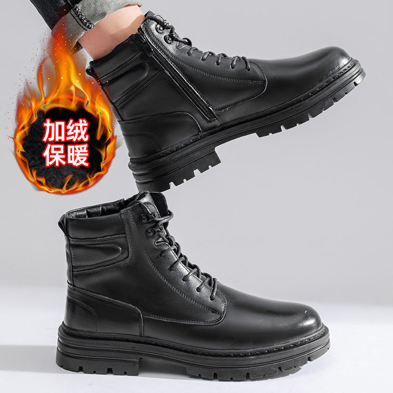 头层牛皮男士马丁靴子真皮冬季新款男皮靴加绒保暖工装风男靴子潮