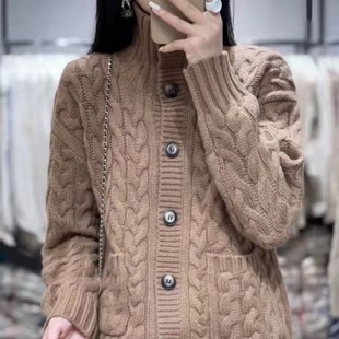 羊范新款纯羊毛衫女高领加厚开衫秋冬毛衣外套慵懒麻花带兜针织衫