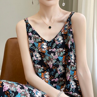 羊范花开半夏~薄款新中式V领碎花吊带裙女显瘦百搭长款无袖连衣裙