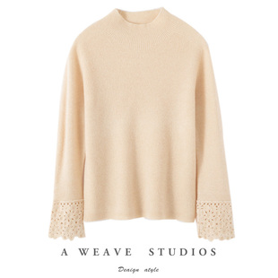 高端轻奢100%纯羊毛针织衫女半高领手工袖口钩花毛衣气质简约长袖