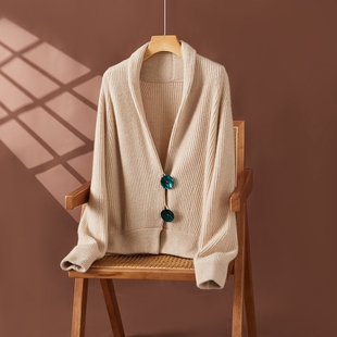 羊范重磅~大表姐同款！~jin口羊绒机织7针柳条青果领加厚针织开衫