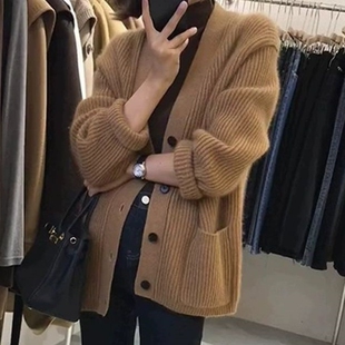 羊范秋冬新款V领100纯羊毛针织开衫女士韩系慵懒软糯毛衣外套上衣