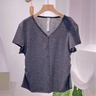 羊范韩版小众褶皱收腰显瘦短袖女薄款V领纯色精纺100纯羊毛假开衫