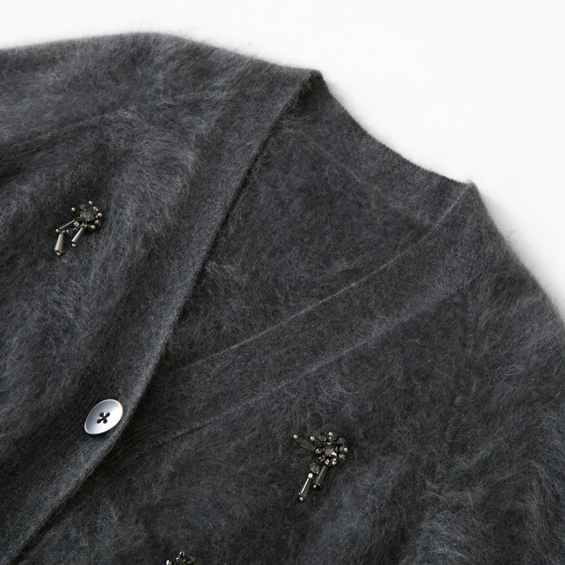 纯山羊绒针织开衫女士V领拉绒