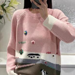 羊范秋冬高端山羊绒衫 女重磅五星钩花毛衣手绣油画艺术范减龄长袖