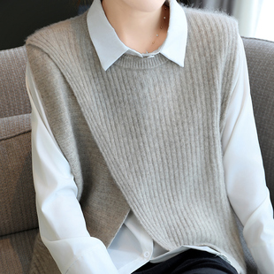 羊范秋冬款纯羊毛圆领抽条不规则针织马甲女宽松套头无袖叠穿毛衣