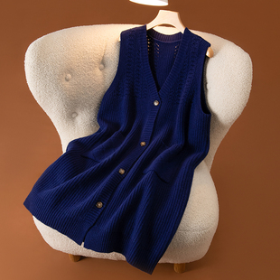 羊范软糯亲肤~100%纯羊毛针织马甲开衫女士V领中长款镂空加厚外套
