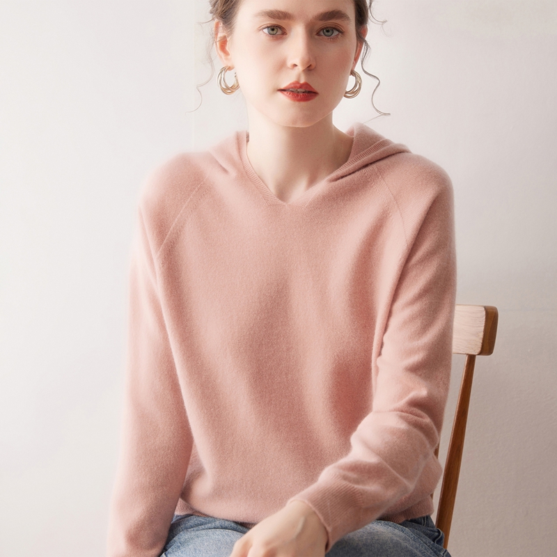 纯山羊绒针织衫宽松纯色连帽套头