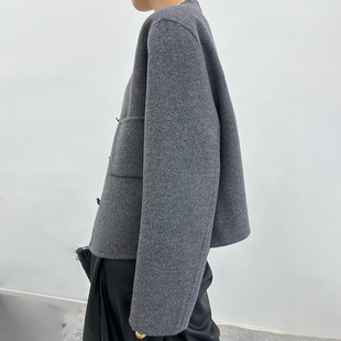 羊范秋冬新款圆领双面山羊绒大衣女短款单排扣羊毛呢外套简约长袖