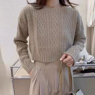 羊范韩版圆领麻花加厚100%羊毛针织衫女欧货高端软糯打底短款毛衣