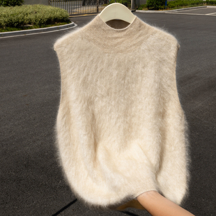 拉绒系列~秋冬新款100%山羊绒无袖马甲女半高领拉绒纯色上衣