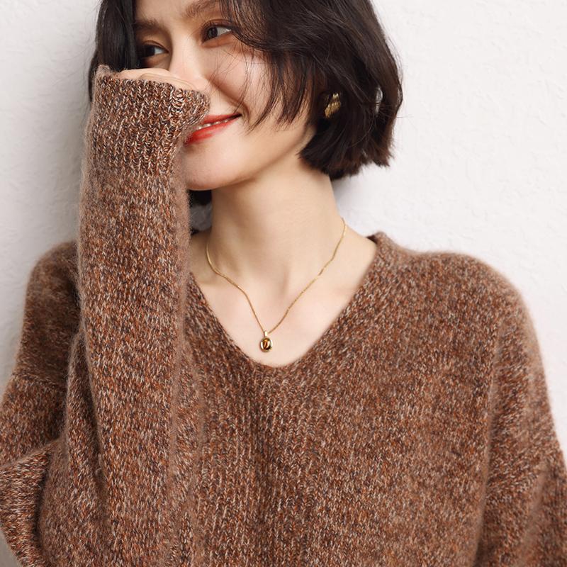 长袖羊绒衫羊范花纱V领慵懒风