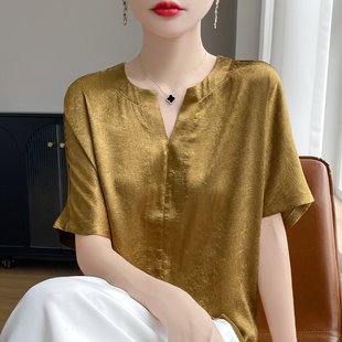 羊范2025夏季 新款 V领短袖 T恤女高级感醋酸缎面鎏光百搭上衣气质款