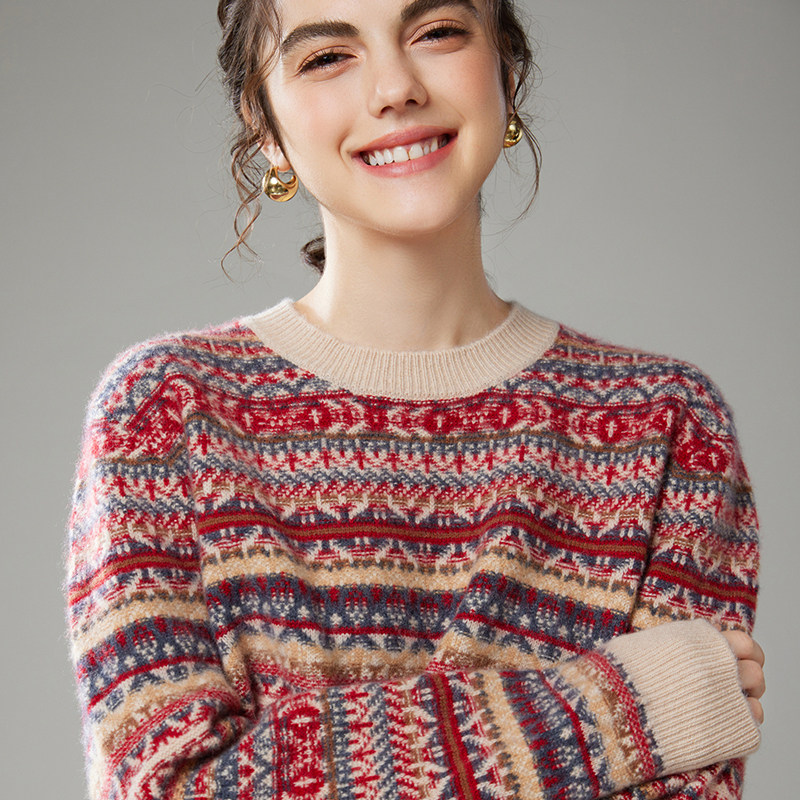 羊范秋冬款轻奢法式撞色山羊绒衫女圆领提花加厚打底衫慵懒风长袖,女装/女士精品,羊绒衫,淘宝优惠券,粉丝福利购,淘宝优惠卷