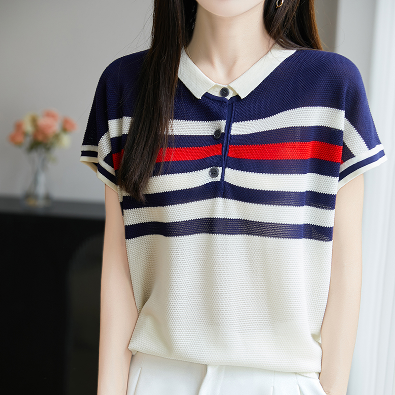 羊范2025夏季薄款翻领条纹针织T恤女100%莱赛尔宽松显瘦休闲短袖