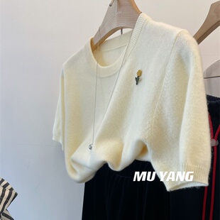 羊范春夏圆领纯羊毛针织短袖女韩系刺绣小花朵打底高级感气质T恤