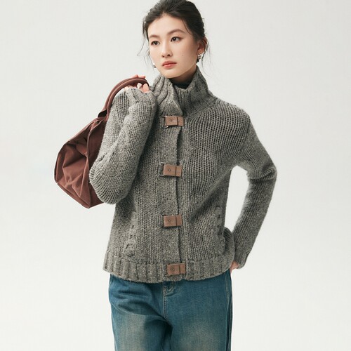 山羊绒针织开衫加厚高领皮扣外套