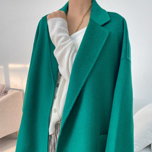 羊范高端水波纹毛呢外套双面羊毛大衣中长款宽松韩版纯色百搭上衣