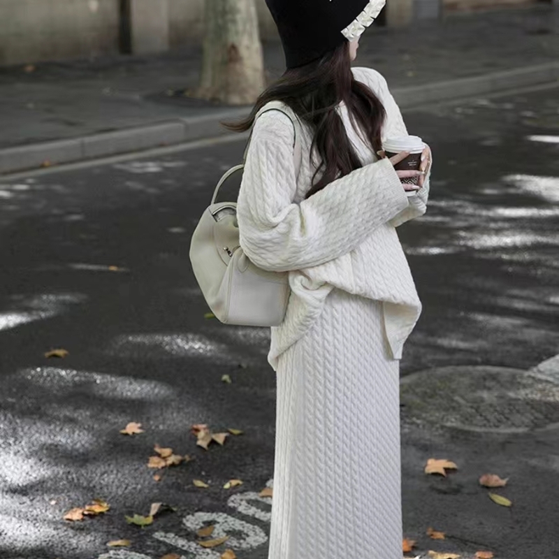 羊范新款羊毛立体麻花圆领毛衣套装慵懒宽松设计感半身裙两件套女