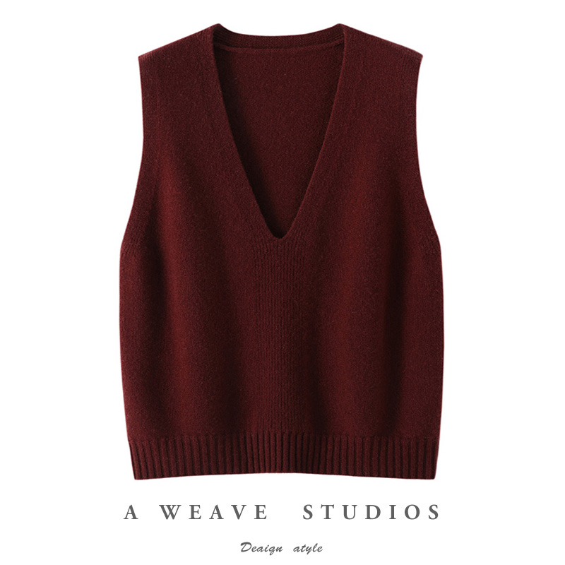 深V领100纯羊毛马甲纯色无袖上衣