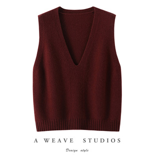 羊范深V领100纯羊毛针织马甲女2025新款 上衣 纯色百搭显瘦叠穿无袖