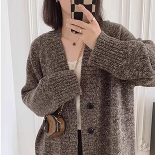 羊范不挑年龄~重磅花纱100%羊毛针织开衫女中长款V领加厚宽松外套