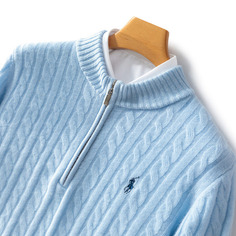 羊范双股加厚100%纯羊毛衫男士半高拉链麻花时尚长袖套头男毛衣