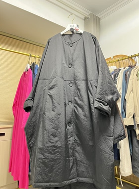 出口原单纯黑色大码宽松版型显瘦高级感圆领夹棉冬装棉服外套