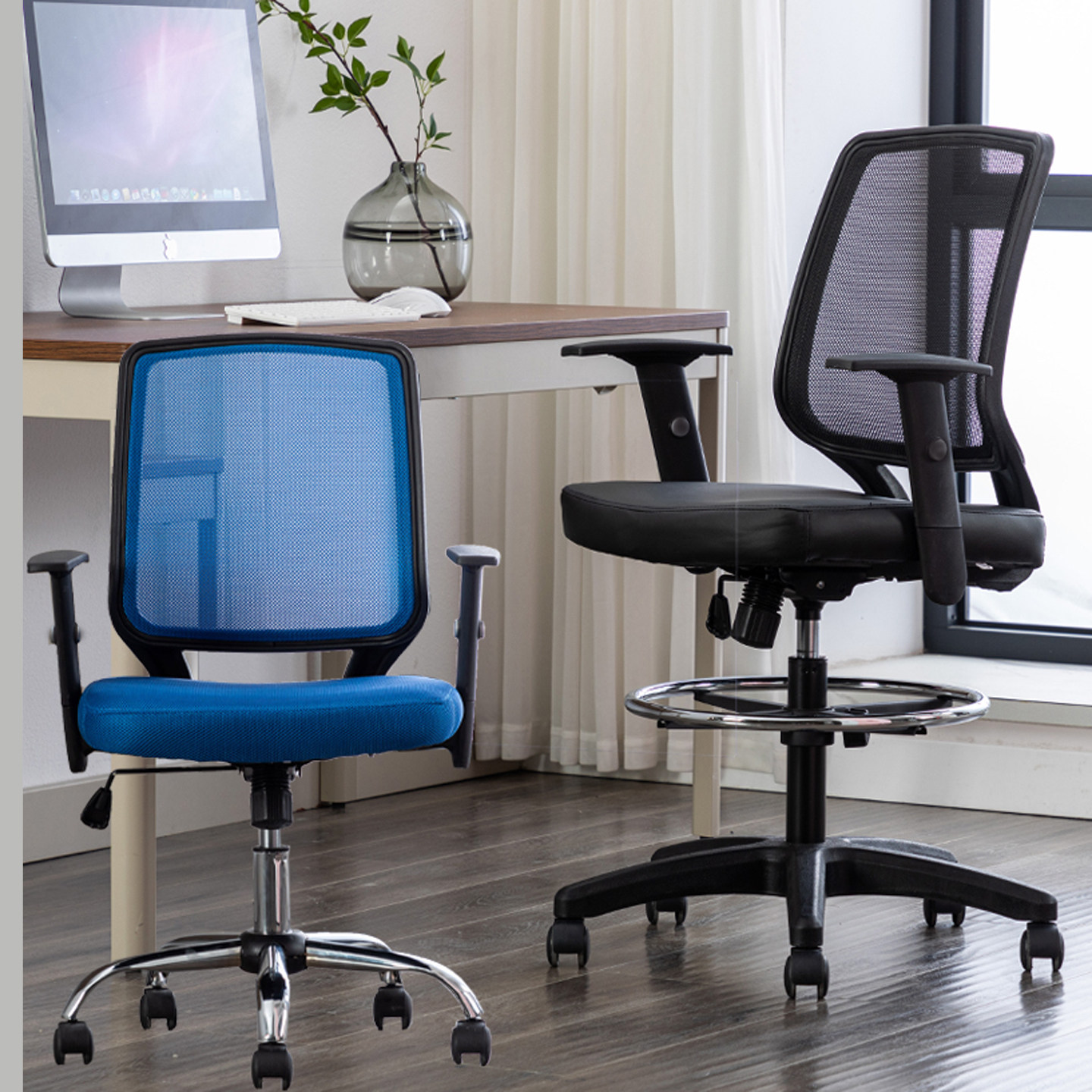 收银台吧台前台高搁脚升降办公椅家用久坐网布靠背可调扶手电脑椅