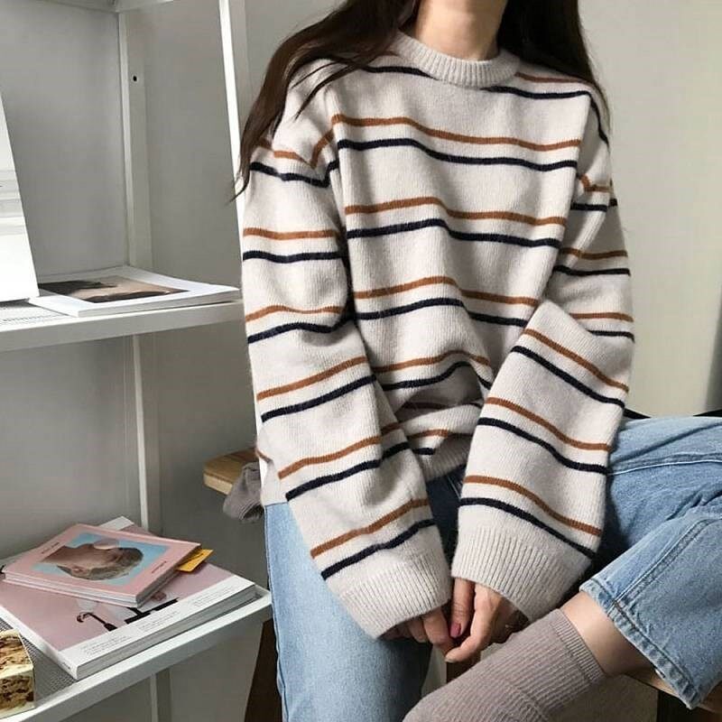 sweater jacket Hit stripes Socket Easy Sweater Lazy wind student new pattern Korean Edition Autumn and winter T-shirtsin the Women's clothing/Boutique , Sweaters  category - from Buy2taobao.com to provide professional Taobao agent buy service