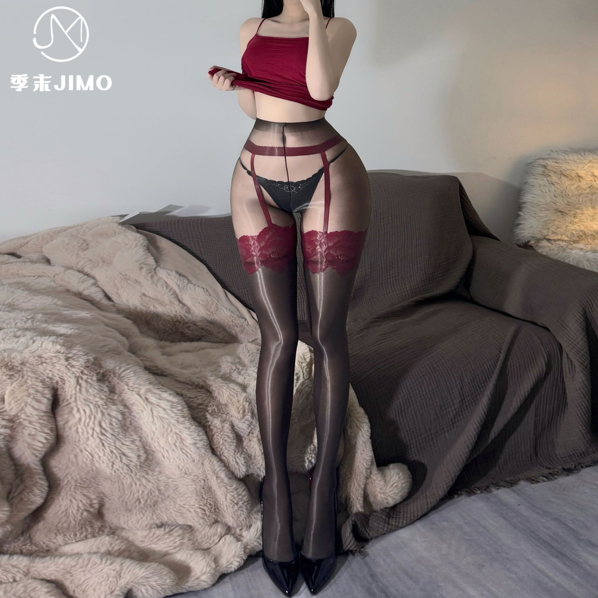 lunar weave季末马油丝滑油亮撞色蕾丝吊带一体丝袜性感纯欲