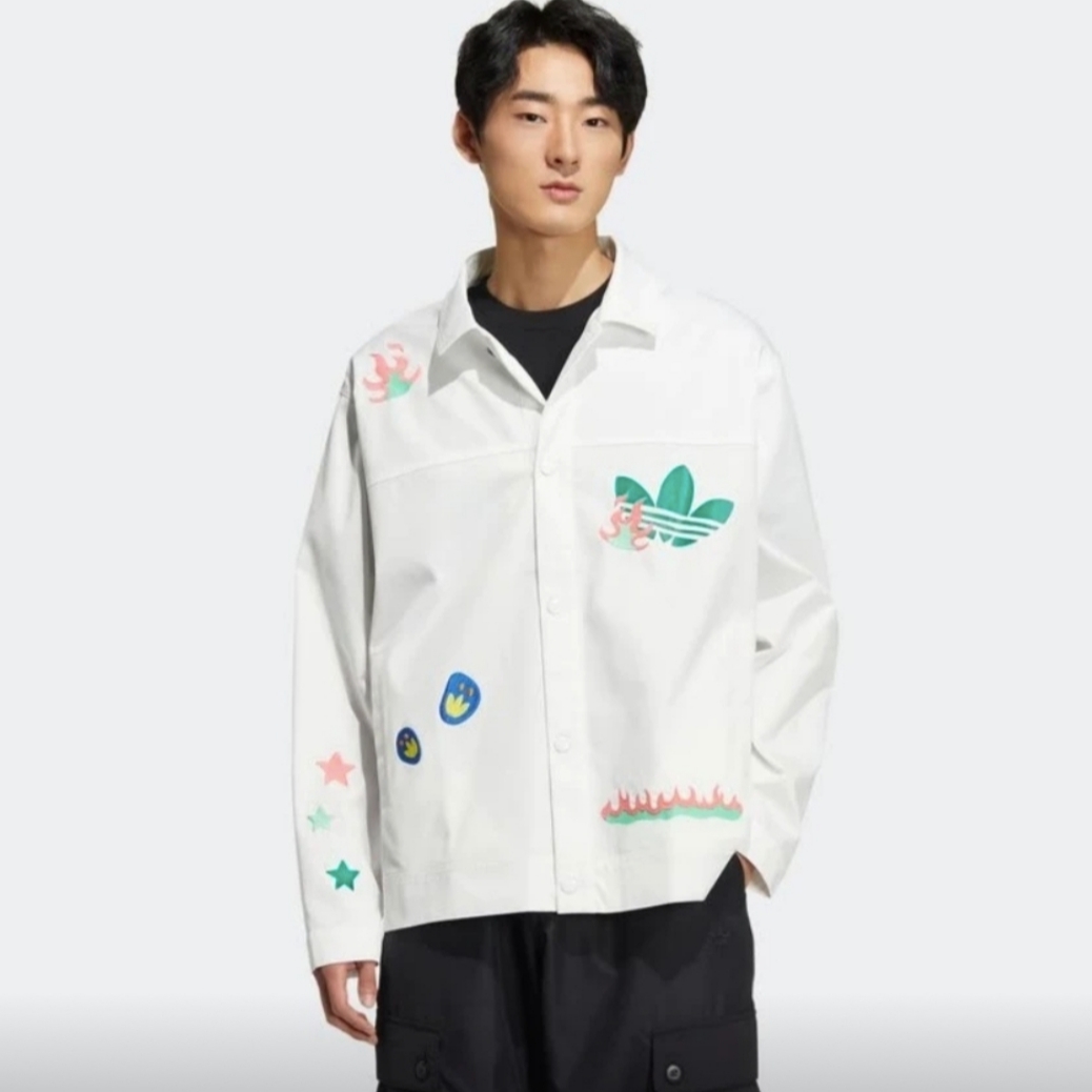 Adidas/三叶草 男女趣味小熊印花涂鸦翻领休闲牛仔夹克外套HP0116