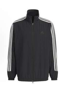 阿迪达斯男女外套2025秋款条纹梭织防泼水宽松立领运动夹克JI6646