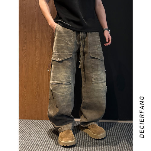 美式复古做旧迷彩工装裤男牛仔长裤高街阔腿抽绳口袋裤 潮牌痞帅