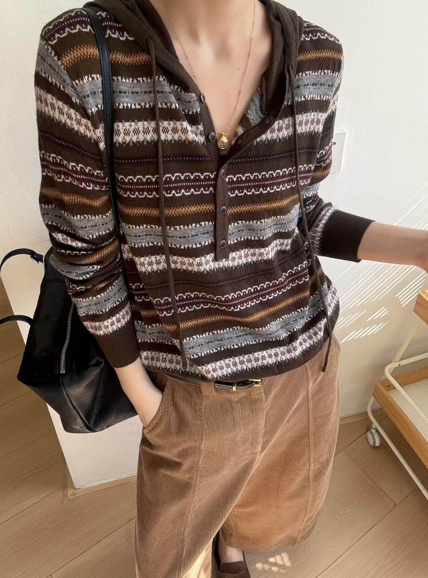 欧洲站2026秋款女装欧货撞色名族风休闲提花连帽羊毛针织衫毛衣