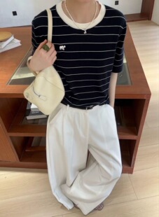 欧洲站2026春季新款女装欧货拼色条纹绢丝针织衫宽松短袖T恤打底