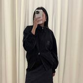 AC风格 高街潮牌蝴蝶结刺绣外套男女宽松休闲复古条纹立领风衣夹克