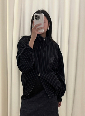 AC风格高街潮牌蝴蝶结刺绣外套男女宽松休闲复古条纹立领风衣夹克