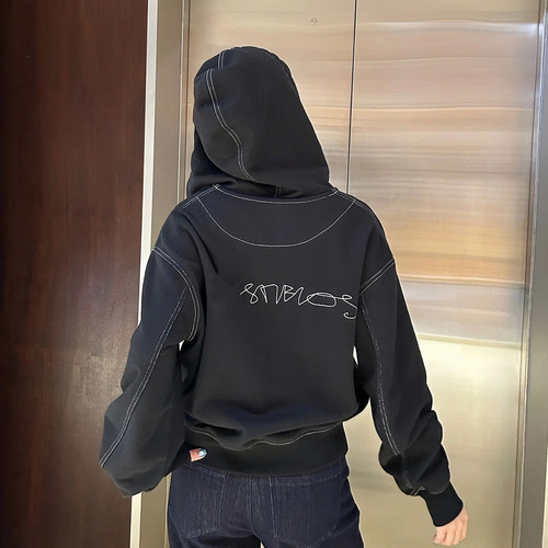 AC风格绣花字母开衫外套连帽卫衣