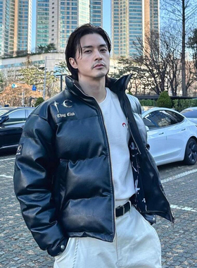 THUG CLUB高街星月饰品皮衣夹克朴宰范潮牌男女宽松嘻哈棉衣外套