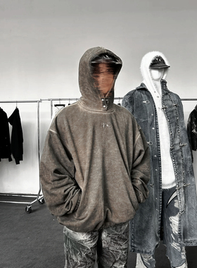 THUG CLUB朴宰范同款高街潮牌星月饰品洗水做旧男女宽松连帽卫衣