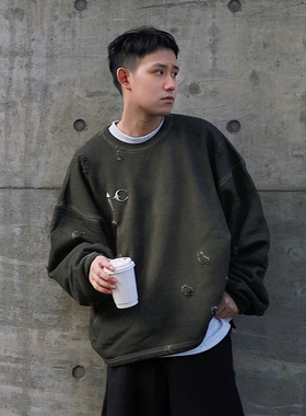 THUG CLUB朴宰范同款高街星月饰品水洗做旧破洞男女宽松圆领卫衣
