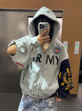 Protocol index 拼接做旧破坏开衫外套美式高街男女宽松连帽卫衣