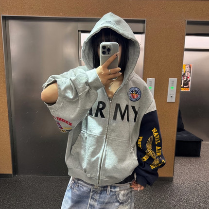 Protocol index 拼接做旧破坏开衫外套美式高街男女宽松连帽卫衣