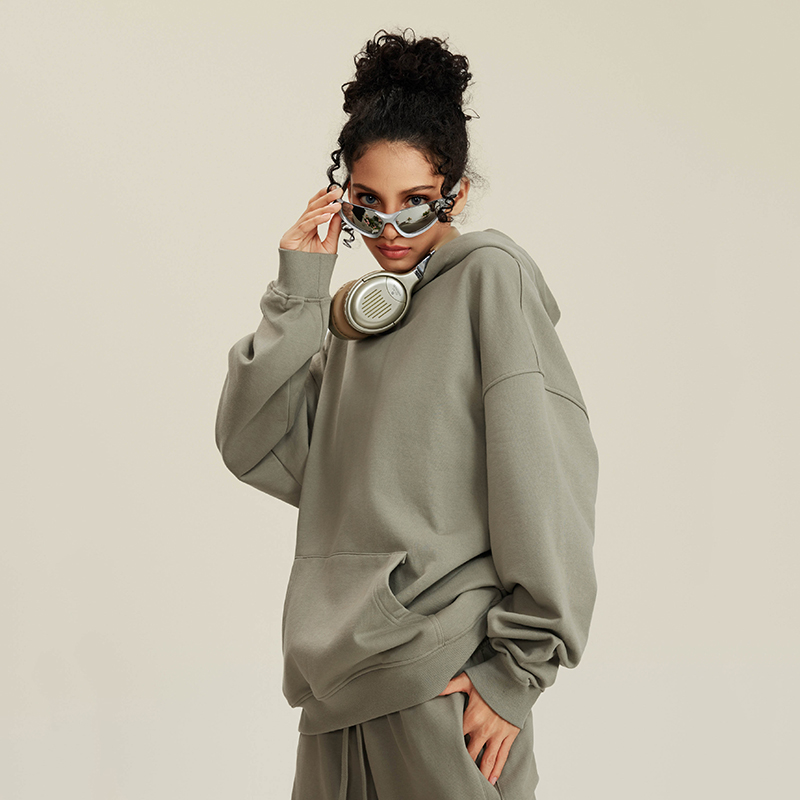 美式休闲纯色重磅毛圈连帽卫衣潮