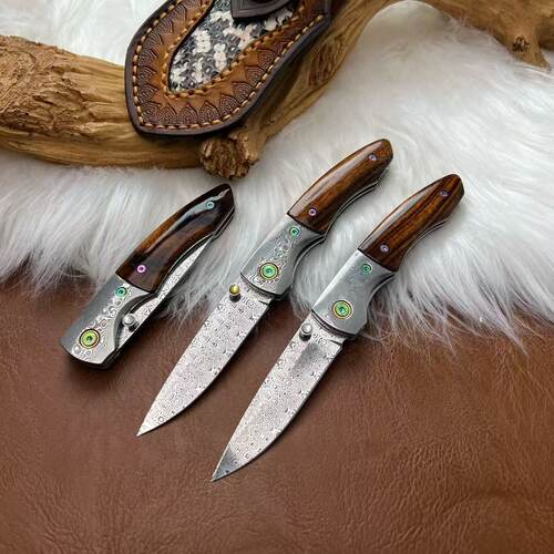 瑞粉大马士革 瑞典粉末钢 天梯纹 沙铁木手柄 收藏把玩多功能小刀