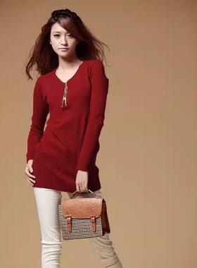 特价 秋冬款修身腰带长袖毛衣中长款女款 V领百搭纯色打底毛衣